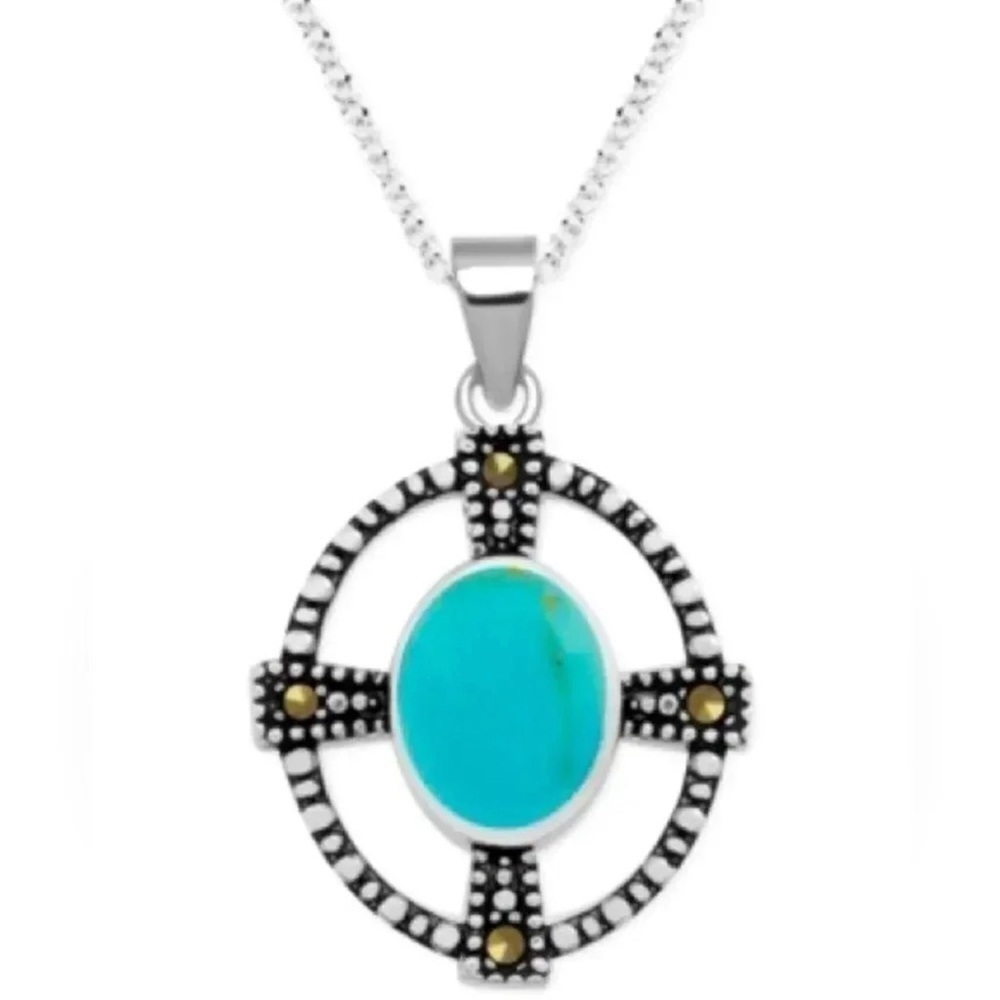 Anthropologie Genuine Marcasite & Onyx Cross Oval 18 Necklace in Silver-Plated